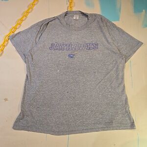 Vintage Kansas Jayhawks Mens XL Delta Pro‎ Cotton T-Shirt Gray KU Logo USA 23x29